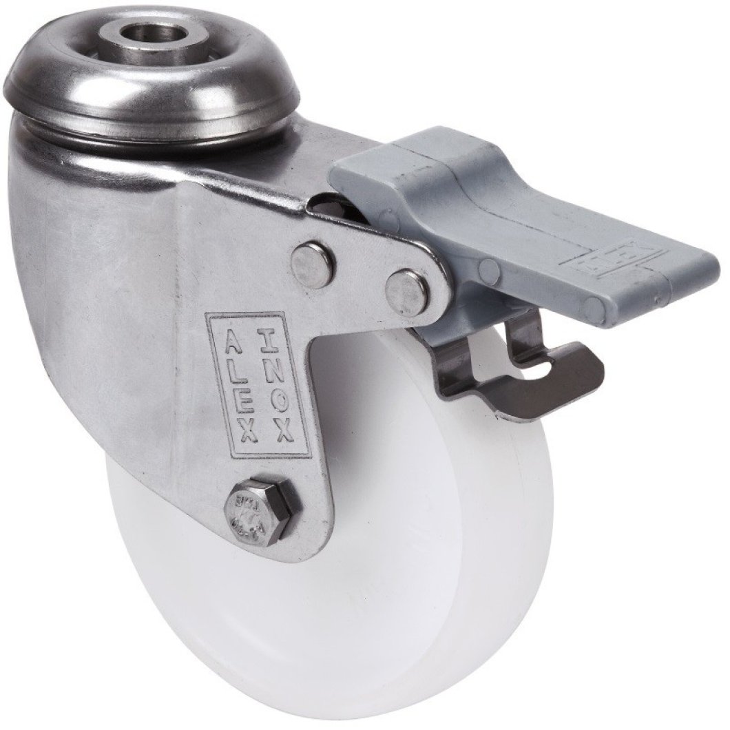 SERIE BHI INOX-BP Blanco, Giratorio/Agujero pasante/Freno Rueda y Soporte